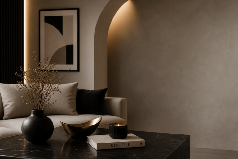 Sala contemporánea con sofá claro, mesa de mármol y decoración cálida