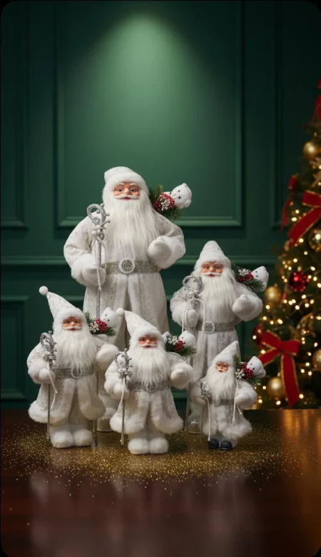 Papá Noel blanco con bastón y detalles plateados 60 cm
