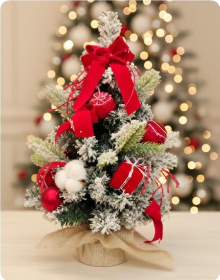 Miniárbol navideño nevado con lazo rojo 60 cm