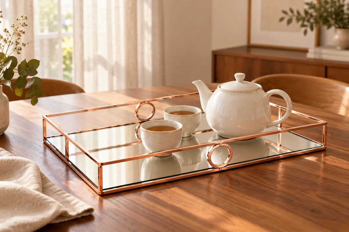 Escena inspiracional con Bandeja Copper integrada en una mesa de comedor