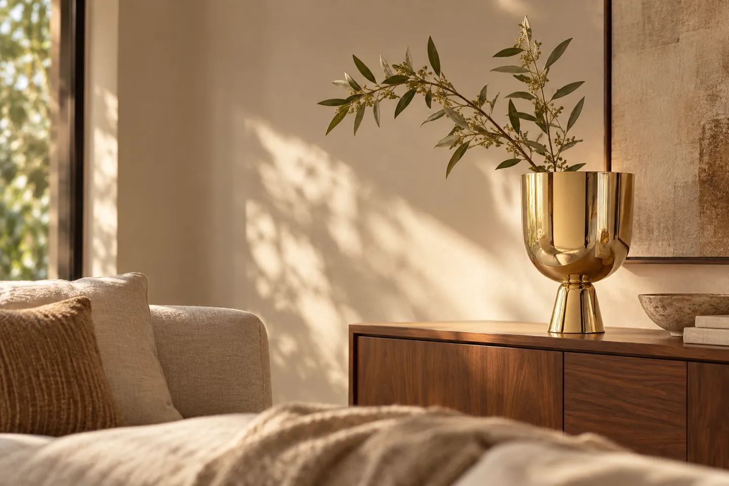 Ambiente de sala con un florero dorado de GAMA sobre un mueble de madera