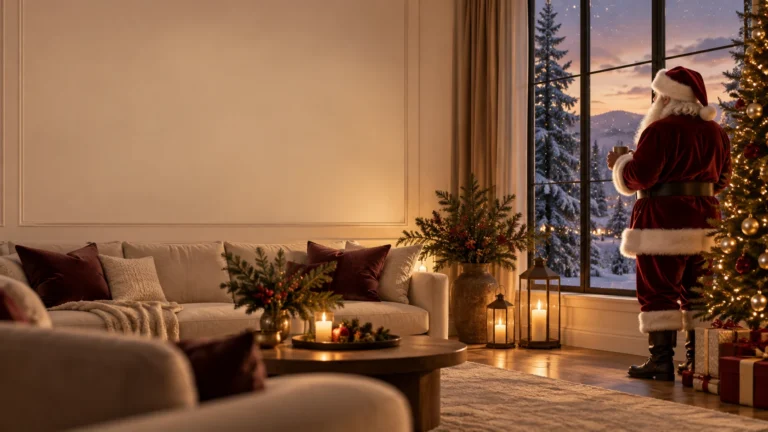 Sala decorada para Navidad con árbol iluminado y Papá Noel